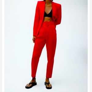 ZARA NWT High Waisted Belted Pants with Fabric Covered Belt - RED Medium